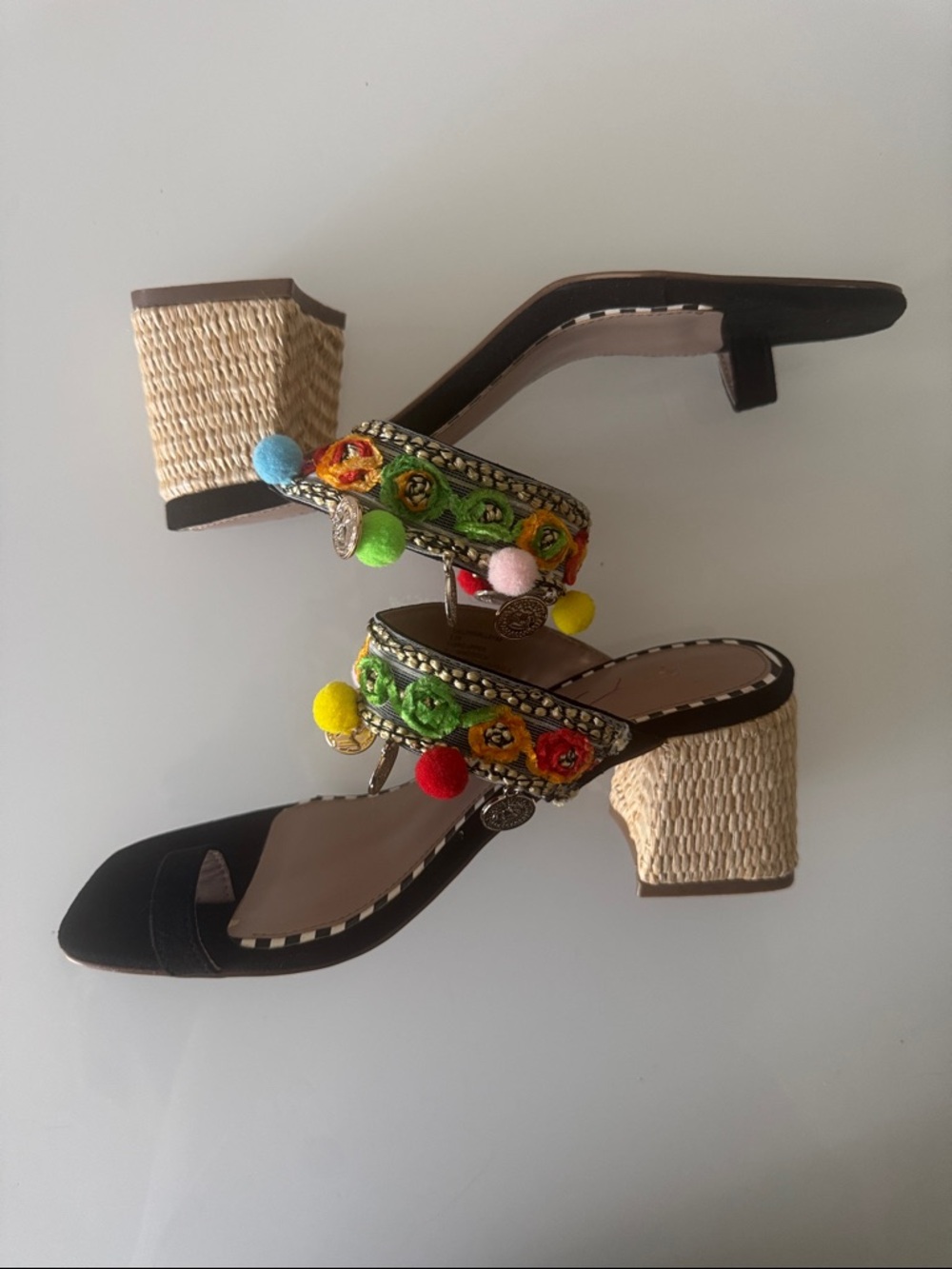 Betsey Johnson Callan Sandals Black Multicolor Coins Pom Poms Size 5.5 - Picture 8 of 10